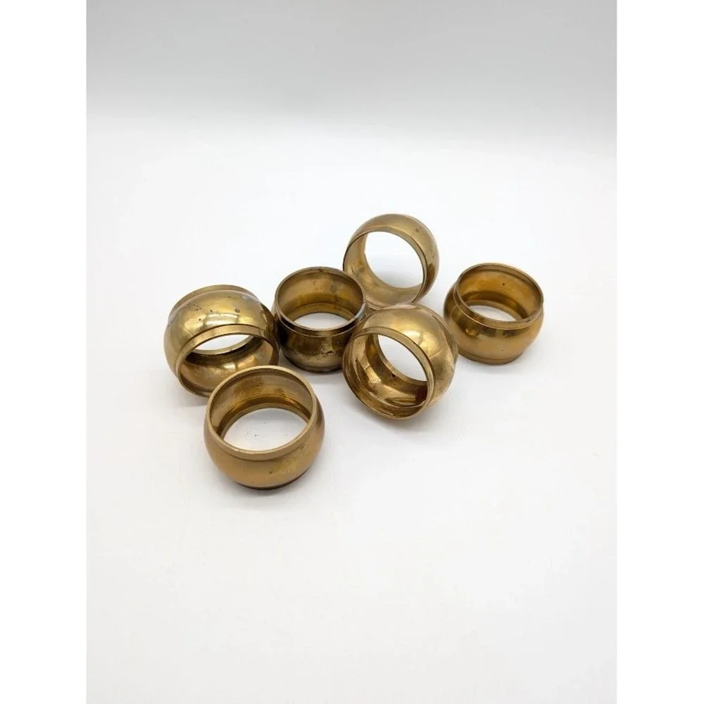 6 Set Vtg Solid Brass Napkin Rings India Barrel India Patina Mid Century 1.5x1